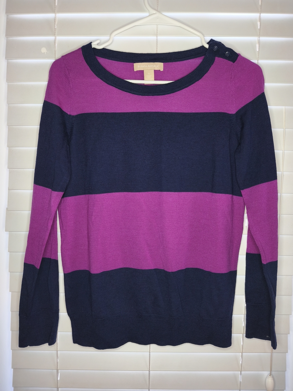 Banana Republic 100% Merino Wool Striped Sweater Navy Pink Button Shoulder S
